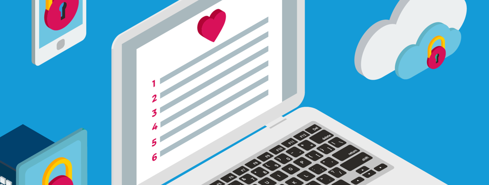 cartoon laptop and phone with love hearts on screen