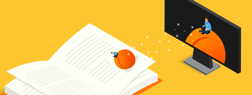 Boy sitting on a peach in a book and on a TV screen