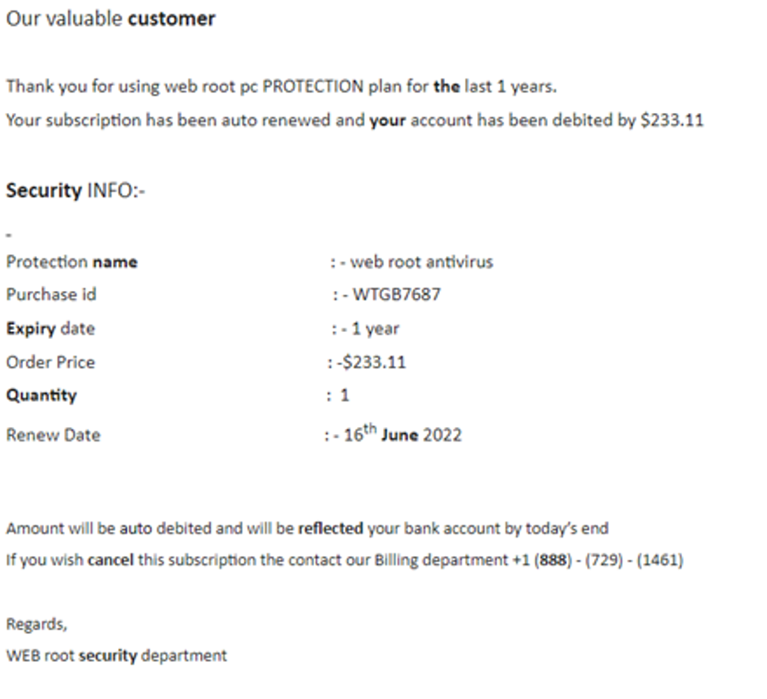 screenshot of phishing email 