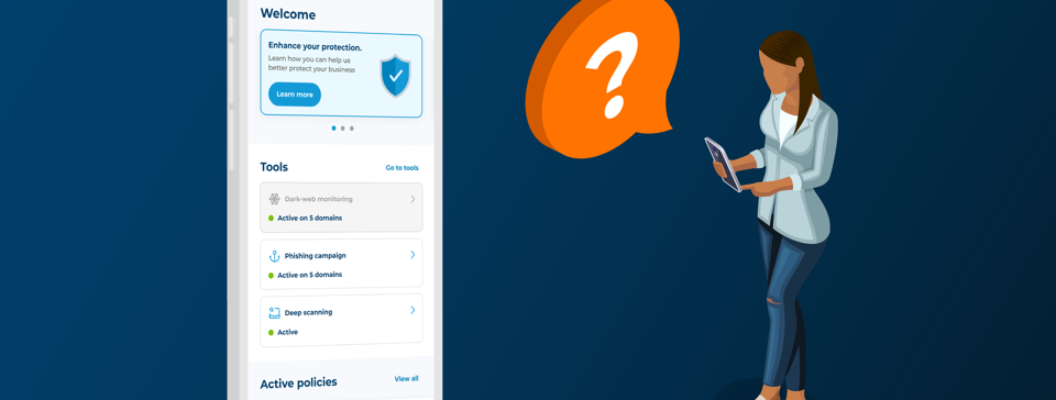 cartoon lady standing on big phone asking a question