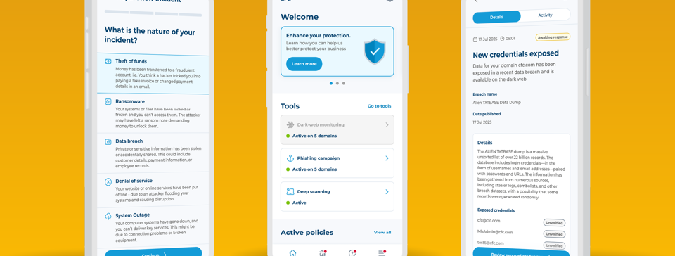 3 screen grabs of the app in a line on a yellow background